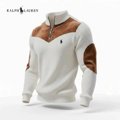 Modern Ribbed Knit Zip Sweater with Suede Accents